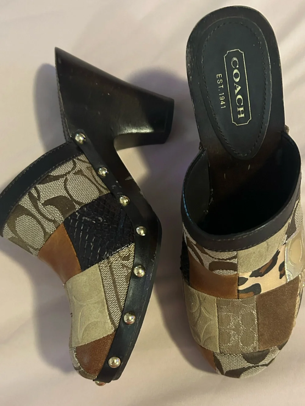 Coach Patchwork Patch Clog Mules in Brown and Tan Multi